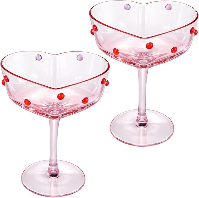 2 Pcs 12 oz Valentine's Day Heart Shaped Pink Martini Wine Glasses with Romantic Polka Dots Valen... | Amazon (US)