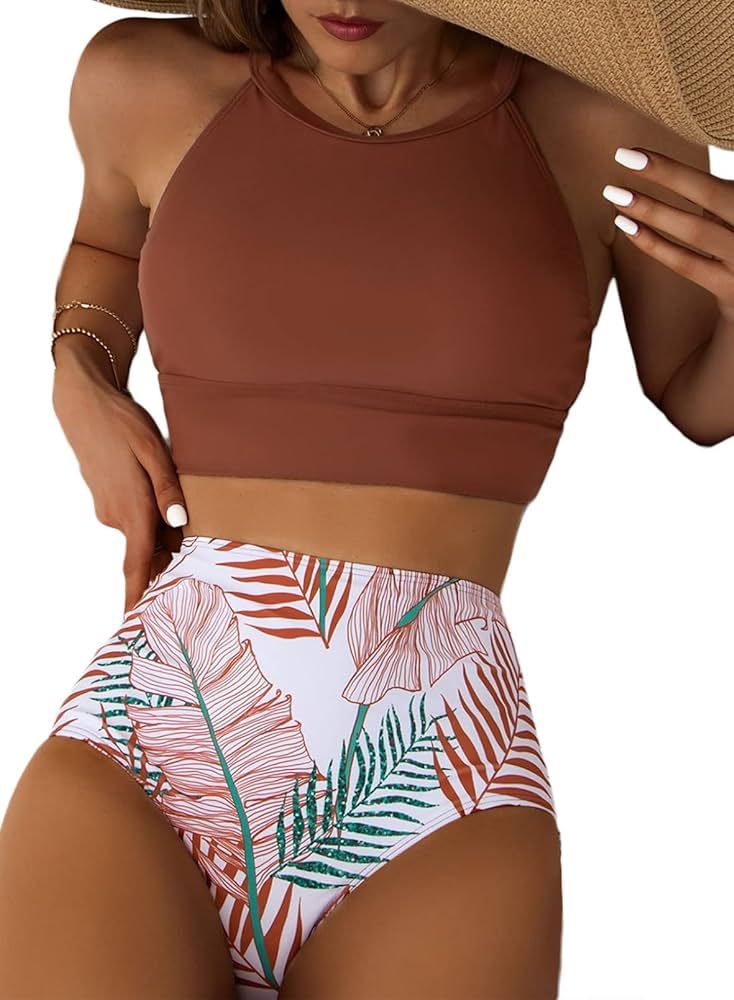 Herseas Women's Bikini Sets High Neck Tropical Leaf Print High Waisted Two Pieces Swimsuits Bathi... | Amazon (US)
