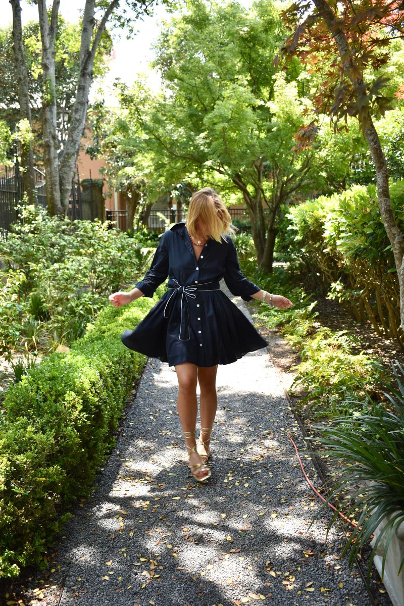 Tanner Belted Dress Navy with White Piping | Madison Mathews