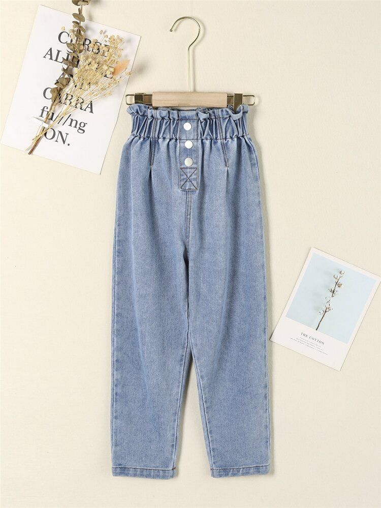 Girls Paperbag Waist Button Front Jeans | SHEIN