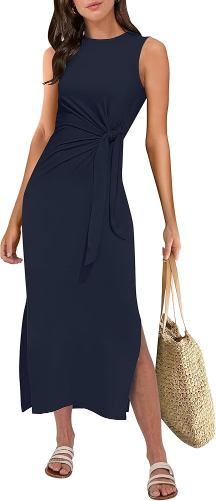ANRABESS Womens Summer Casual Sleeveless T Shirt Midi Dress Slim Fit Tie Waist Split Tank Long Dr... | Amazon (US)