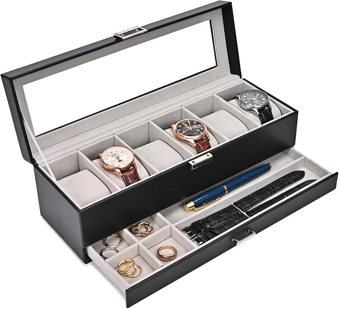 ProCase Watch Box for Men, 6 Slot Watch Display Case with Drawer, Mens Watch Case With Glass Lid,... | Amazon (UK)