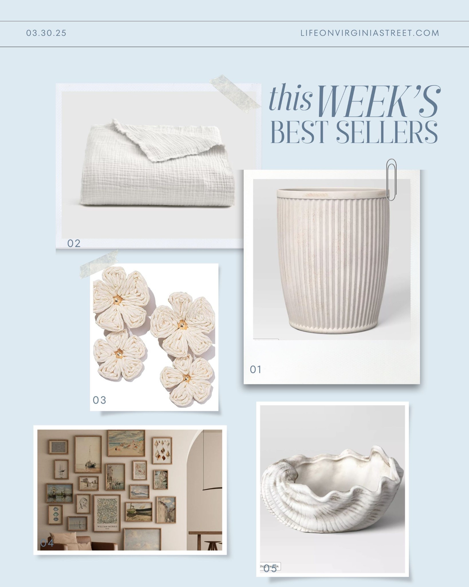 This week’s bestsellers included my new fluted planters, my favorite gauze blanket, raffia flower earrings, downloadable coastal art prints and my new seashell planter! #ltkhome #ltkfindsunder50 #ltkfindsunder100 #ltksalealert #ltkstyletip #ltkseasonal

#LTKFindsUnder50 #LTKHome #LTKSaleAlert