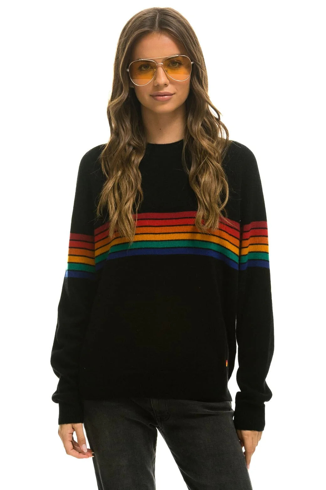 RAINBOW STRIPE 6 UNISEX LIGHT CASHMERE SWEATER - BLACK | Aviator Nation