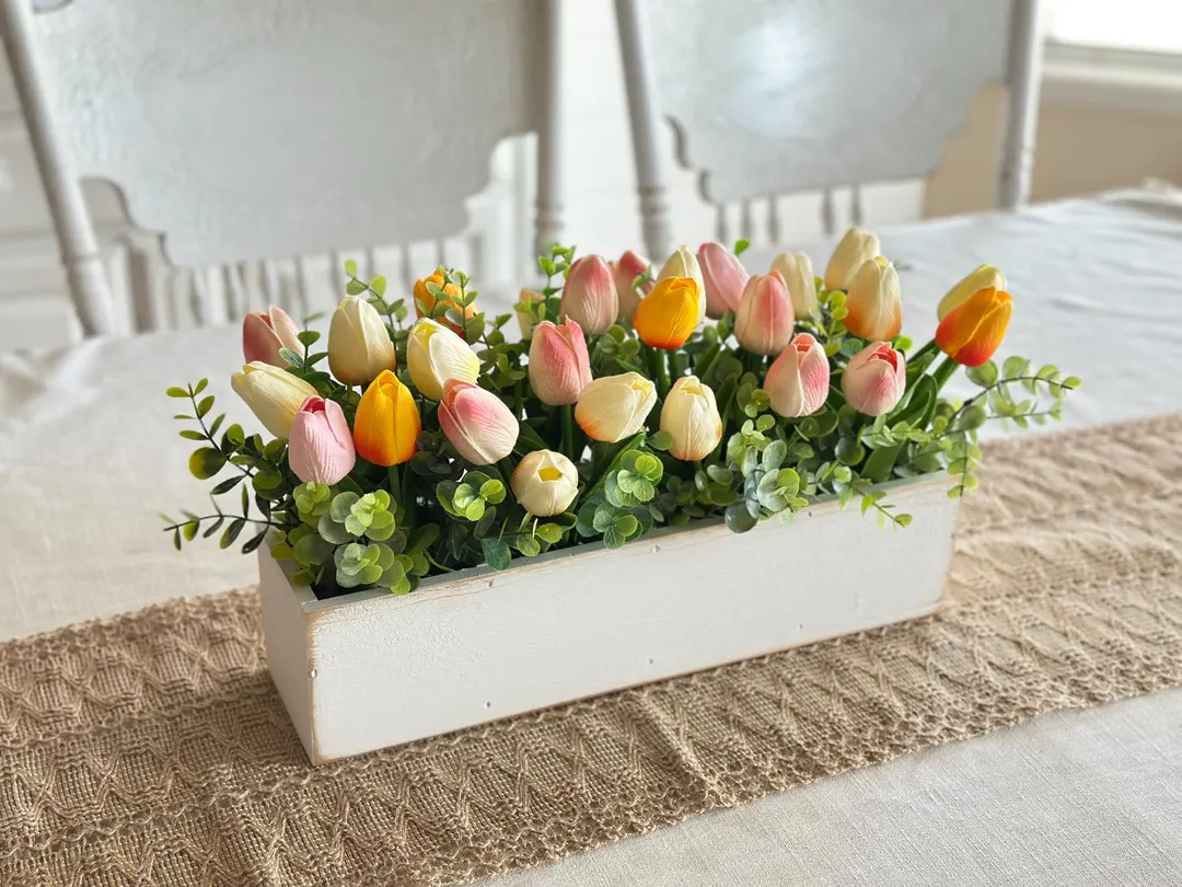 Artificial Tulip Arrangement in White Wooden Box - Spring Floral Centerpiece, Farmhouse Decor, Fa... | Etsy (US)