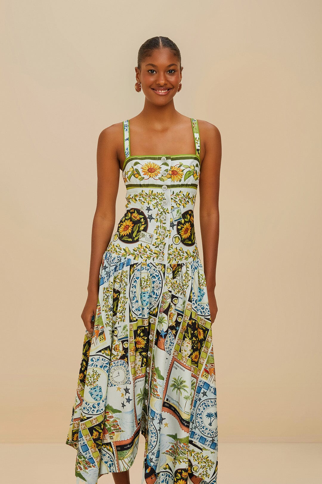 Multicolor Latin Trip Scarves Organic Cotton Midi Dress | FarmRio (US)