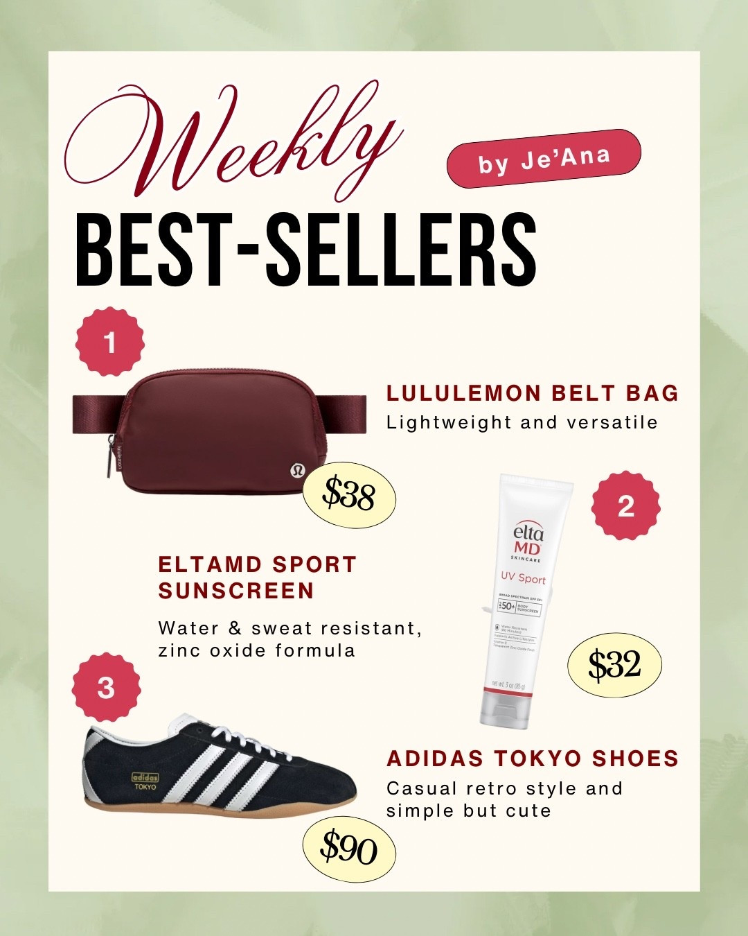 Sharing a few of the pieces you all have been loving lately! These are staples I keep reaching for when putting together easy spring outfits and effortless work outfits 😍

From the @lululemon belt bag that’s lightweight and perfect for everyday errands, to the EltaMD Sport sunscreen that keeps my skin protected on busy days, and my new @adidas Tokyo shoes that give every outfit that casual chic, retro vibe.

These pieces are simple, versatile, and easy to style whether you're heading to work, running errands, or putting together an elevated everyday look.
Everything is linked on my LTK so you can shop the favorites ✨

➡️ Follow along for more petite fashion, outfit ideas, and weekly best-sellers 🤍

#LTKSaleAlert #LTKSpringSale #LTKSeasonal