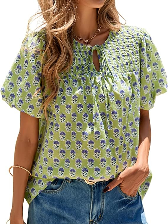 KIRUNDO Boho Tops for Women Summer 2026 Dressy Floral Blouse V Neck Drawstring Short Sleeve Shirt... | Amazon (US)