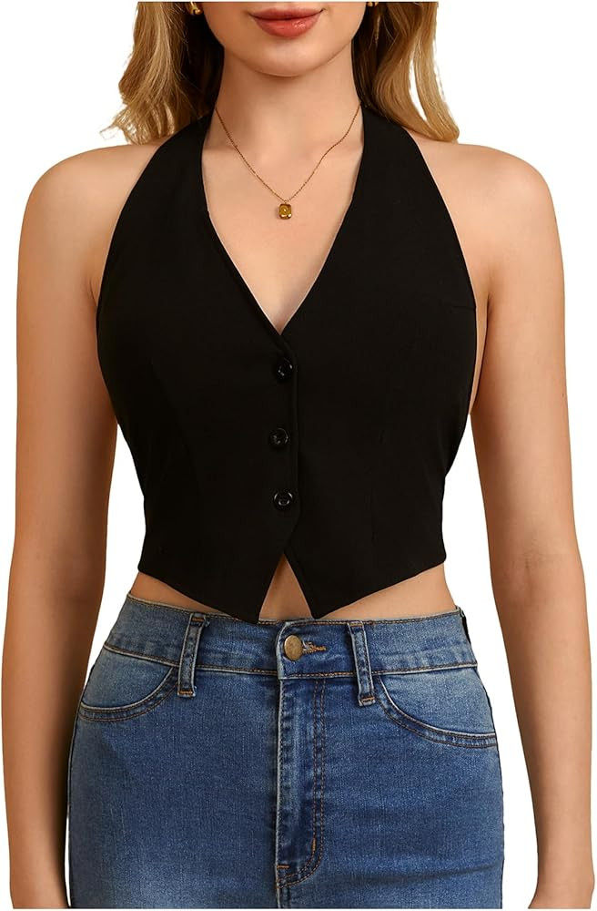 MakeMeChic Women's Button Front Halter Crop Tops Tie Back Fitted Vest Top Suit Vest Waistcoat | Amazon (US)