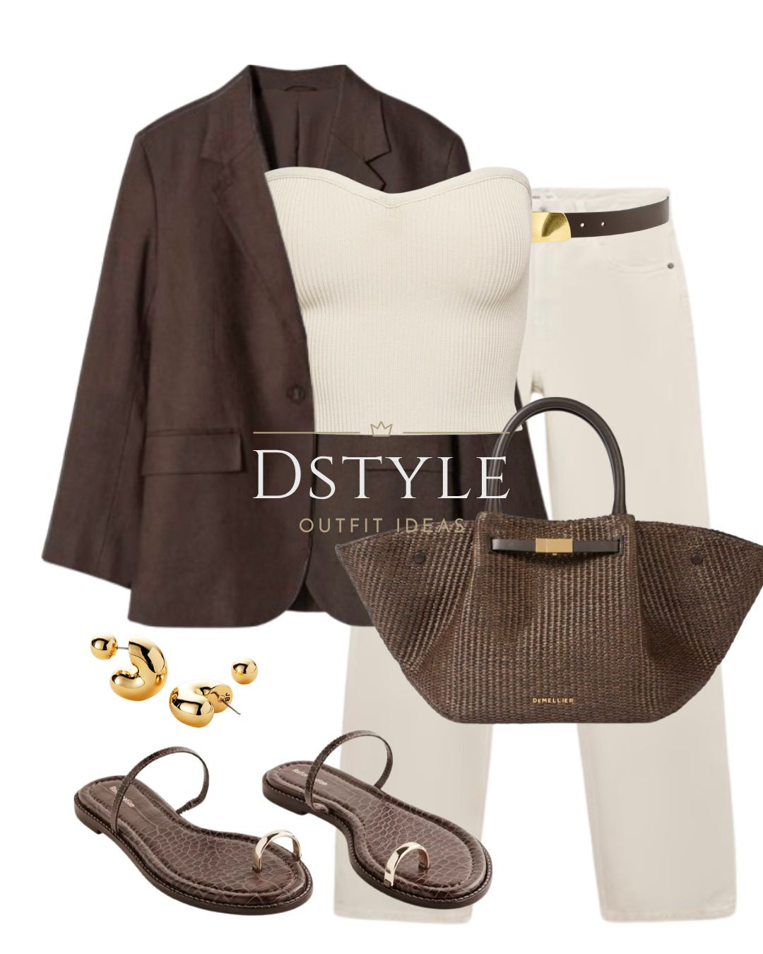 Dark brown linen blazer, strapless knit top, straight fit jeans, dark brown belt, DEMELLIER New York Midi leather-trimmed raffia tote bag, brown croc-effect flat sandals 

 

#LTKStyleTip #LTKShoeCrush #LTKItBag