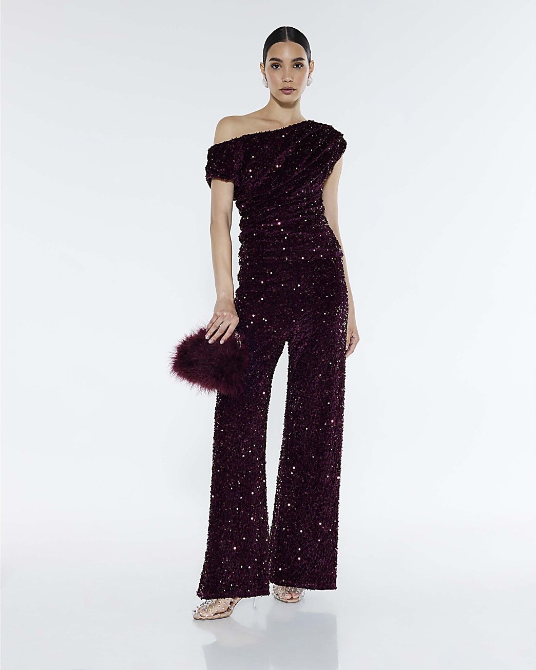 Red Velvet Sleeveless Sequin Drape Top | River Island UK & IE