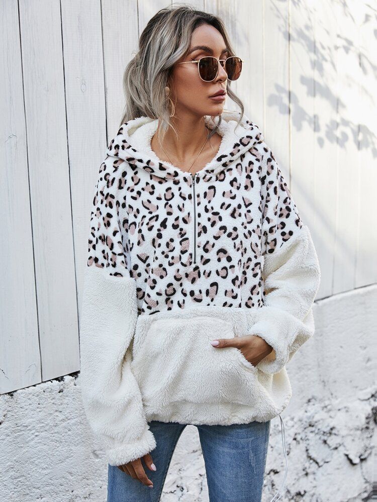 Leopard Panel Half Zip Flannel Hoodie | SHEIN