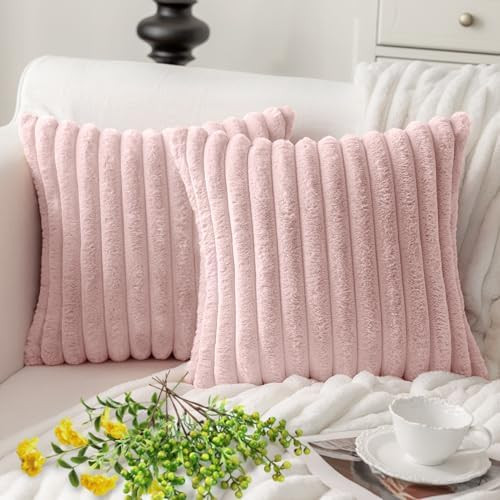 MOSAYT Pink Faux Fur Throw Pillow Covers 18x18, Set of 2, Plush Velvet Soft Pillow Case,Valentine... | Amazon (US)
