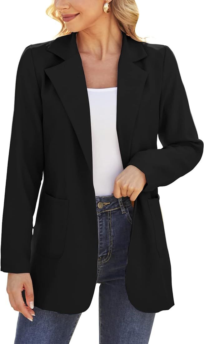 Dazosue Women Open Front Blazers Long Sleeve Casual OL Office Slim Suit Jacket with Pockets | Amazon (US)