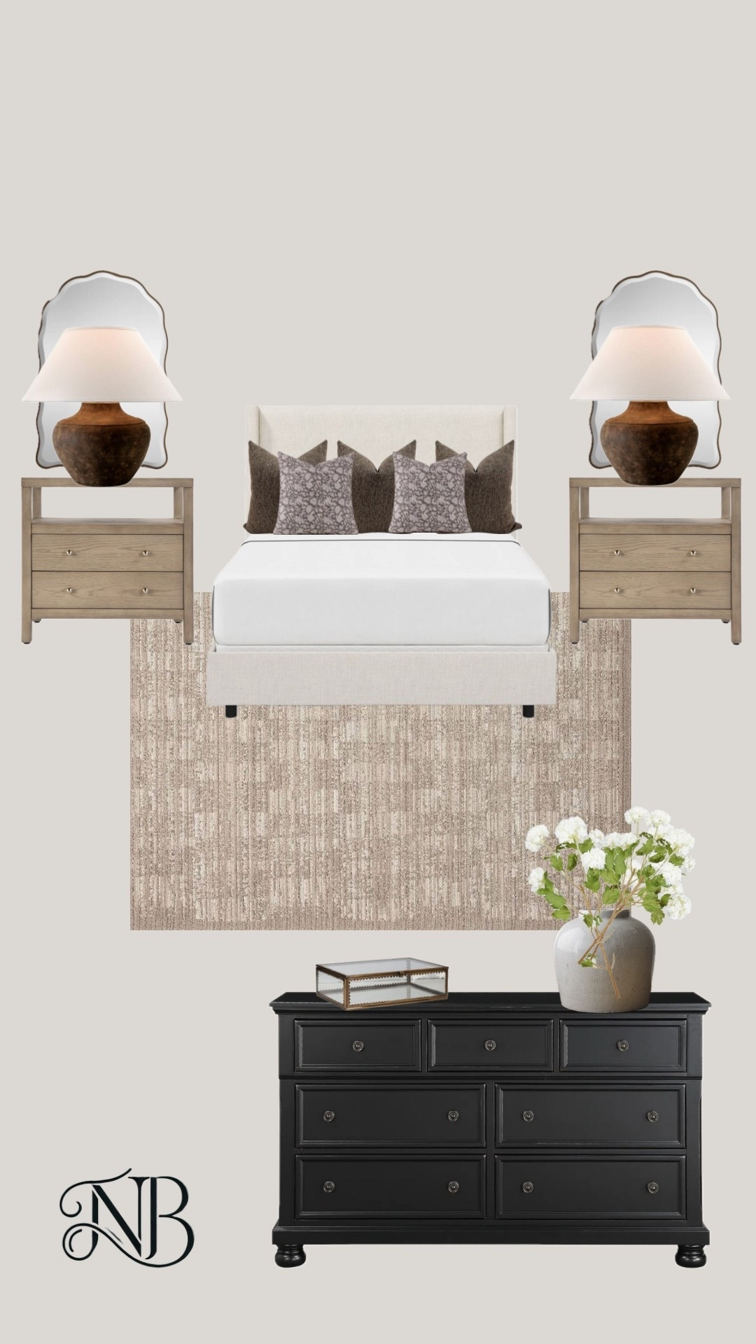 Guest room, bedroom, neutral rug, black dresser, brown lamp, wood nightstand, beige nightstand, white vase, hydrangea stems, snowball stems, Afloral spring, Afloral stems, spring stems, floral pillow covers, brown pillow covers, scallop mirror, arch mirror, Hanson bed, neutral bed 

#LTKHome #LTKSaleAlert #LTKSeasonal