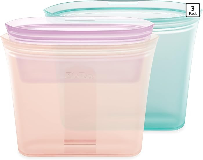 Zip Top Reusable Food Storage Bags | 3 Bag Set [Teal/Peach/Lavender] - 2 Sandwich, 1 Snack | Sili... | Amazon (US)