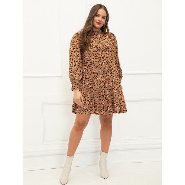 ELOQUII Elements Plus Size Cheetah Print Ruffle Yoke Tiered Dress - Walmart.com | Walmart (US)