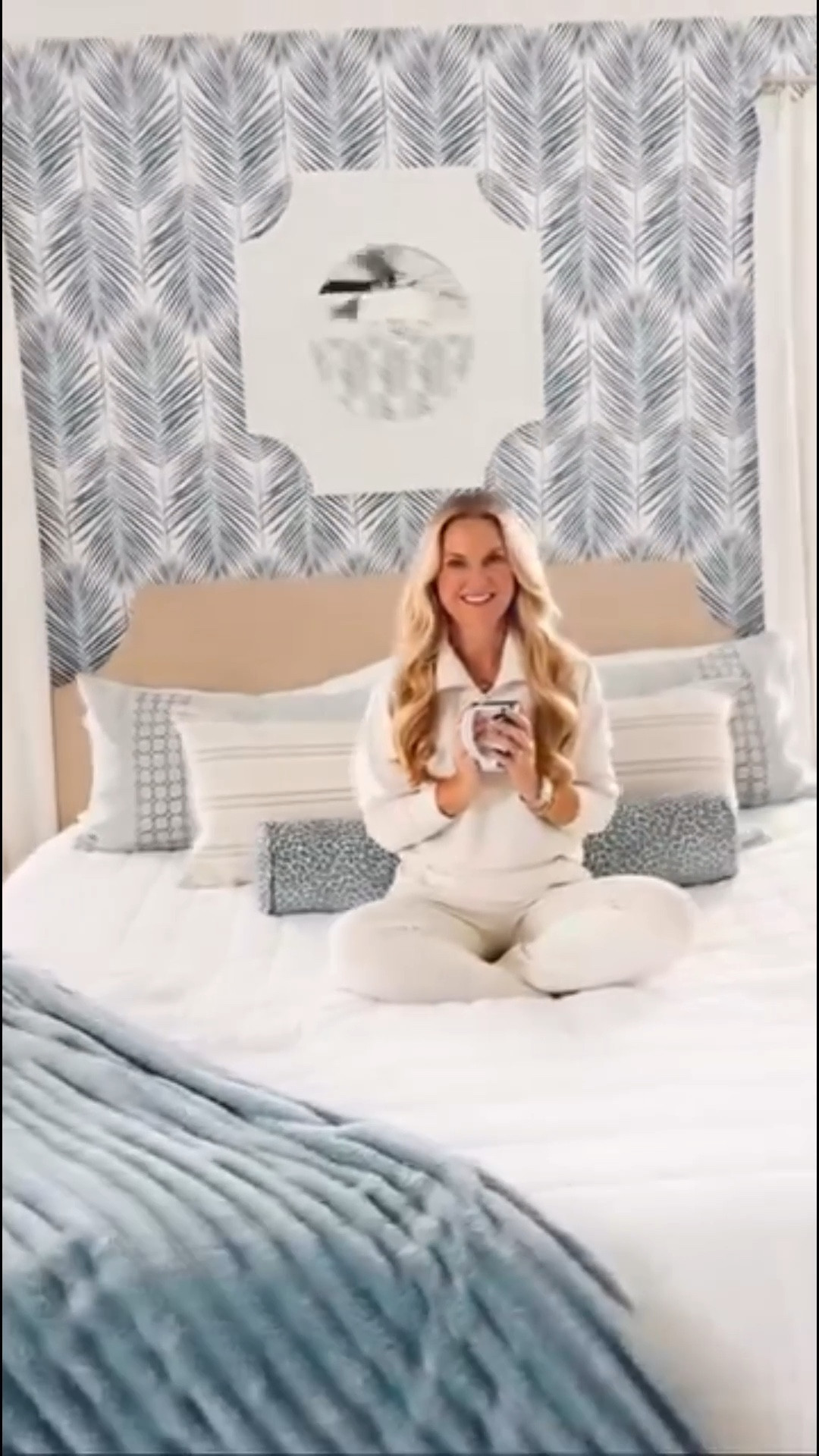 Blue and white primary bedroom that looks like Serena and Lily but cost a whole lot less with palm. Wallpaper embroidered pillow shams leopard bolster box stitch quilt for blanket and cozy lounge wear.

#LTKFindsUnder50 #LTKOver40 #LTKHome