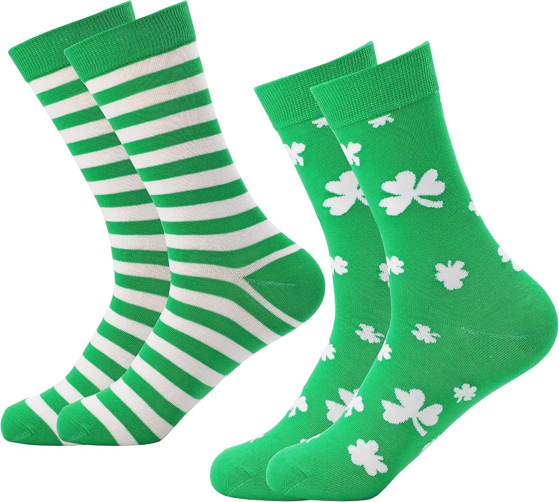 2 Pairs St. Patricks Day Socks Fun Irish Green Stripe Shamrock Dress Socks Women Men's Novelty So... | Amazon (US)
