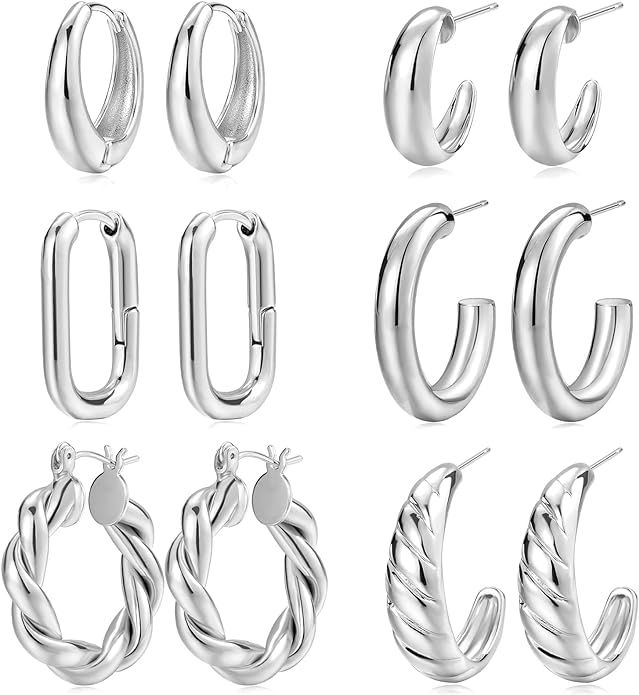 Gold Hoop Earrings Set for Women, 6 Pairs 14K Gold Plated Lightweight Hypoallergenic Chunky Open ... | Amazon (US)