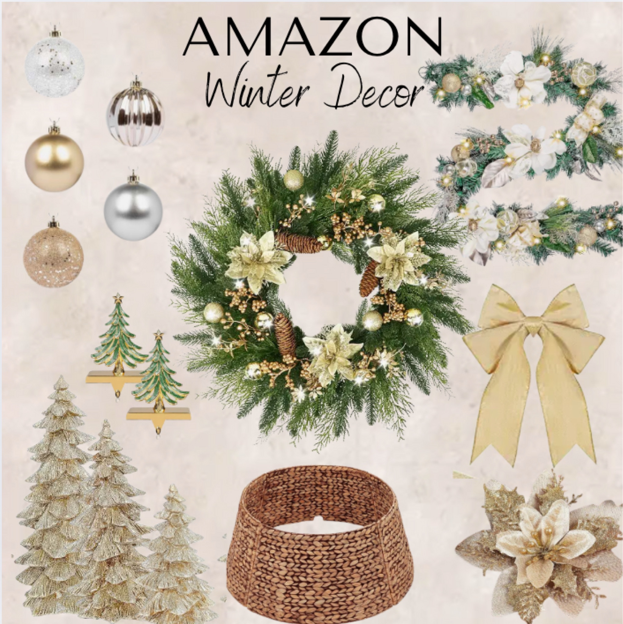 Gold & silver winter decor: wreath, Christmas tree skirt, garland, ribbon, ornaments 

#LTKHoliday #LTKStyleTip #LTKHome
