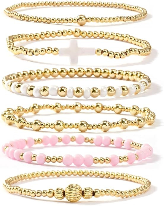 Dainty Cross Clover Gold Beaded Pearl Bracelet Stack for Women,Handmade Boho Gold Plated Beads St... | Amazon (US)