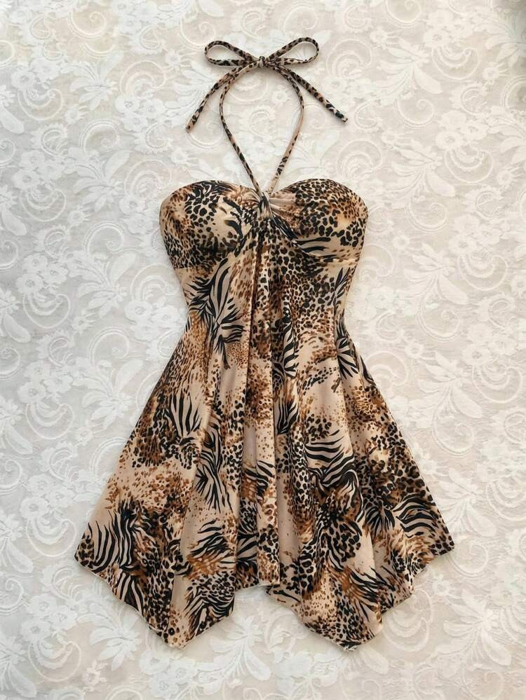 Elamini Women's Printed Asymmetrical Hem Sexy Dress Animal Print Dress Short Beach Dress Halter Dress Animal Print Halter Dress Leopard Print Dress | SHEIN