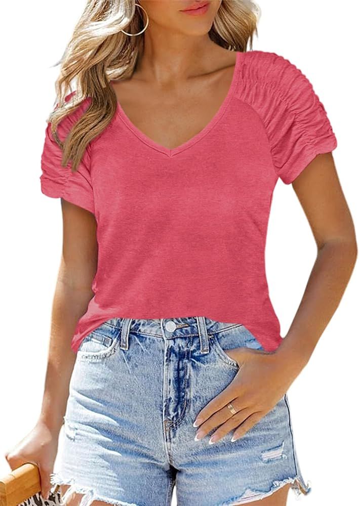 Womens Short Sleeve Tops Basic Summer Tunic Tops V Neck T Shirts for Women S-3XL | Amazon (US)