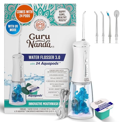 GuruNanda Advanced Dental Water Flosser 3.0 with UV Mode Water Flosser & 24 Aquapods with Mouthwash for Fresh Breath & Plaque Removal, Compact & TSA-Friendly | Amazon (US)
