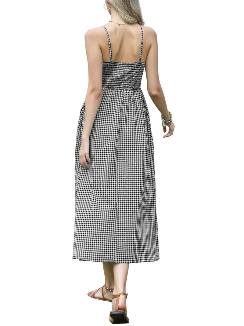INSPIRE CHIC Women's Gingham Maxi Dress Summer Spaghetti Strap A-Line Flowy Plaid Smocked Sundres... | Walmart (US)