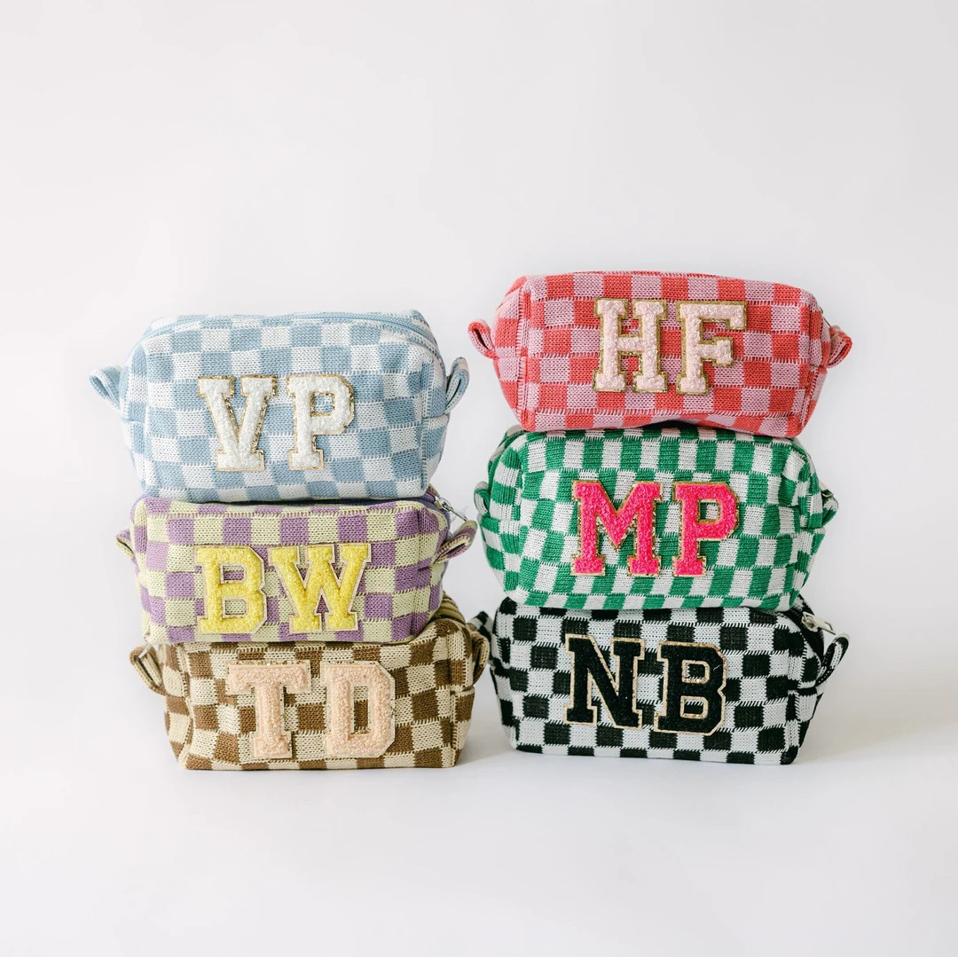 Personalized Chenille Patch Checkered Cosmetic Bag Custom Patch Make up Pouch Checker Makeup Bag ... | Etsy (US)