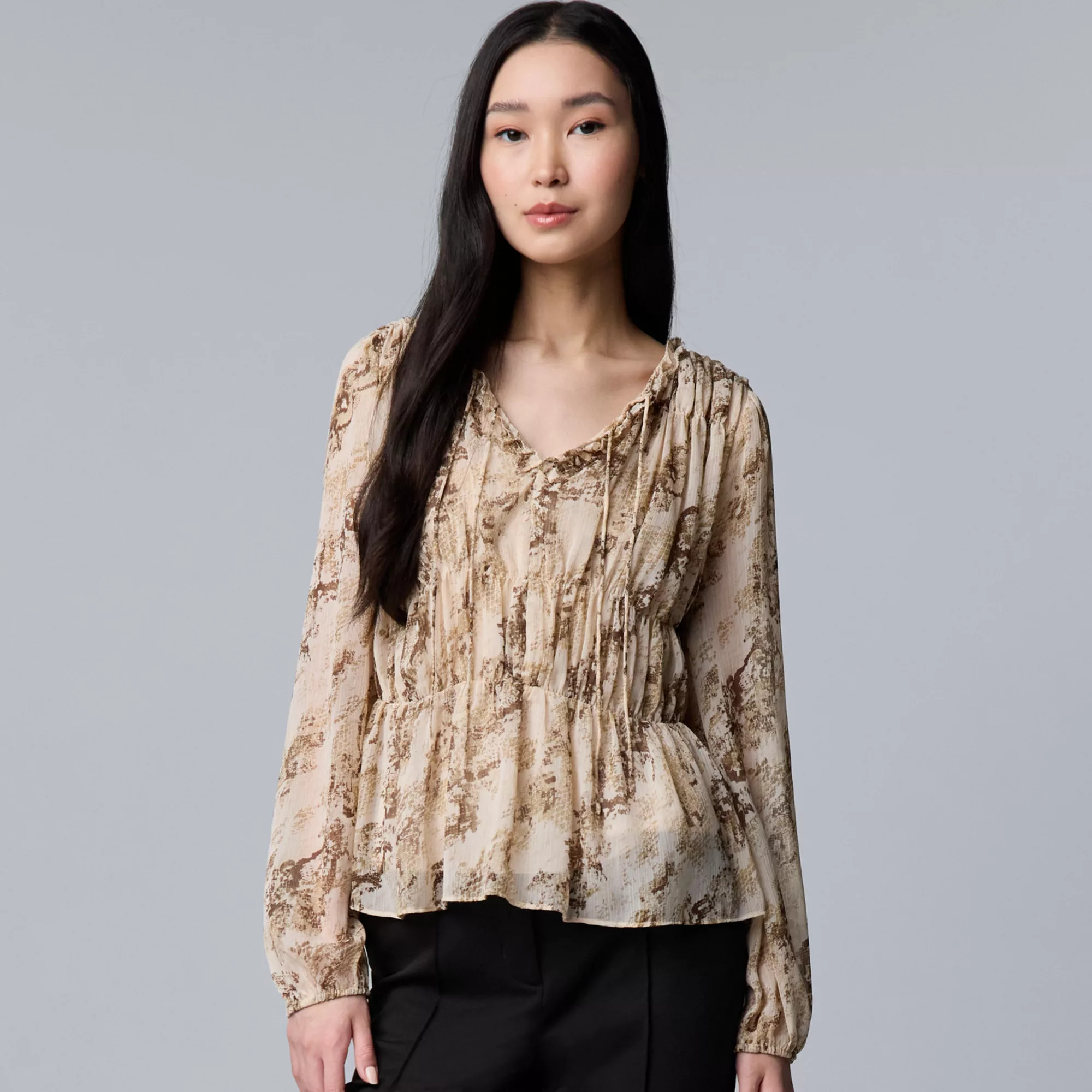 Women's Simply Vera Vera Wang Long Sleeve Shirred Blouse, Size: Large, Beige Diagonal Snake | Kohl's