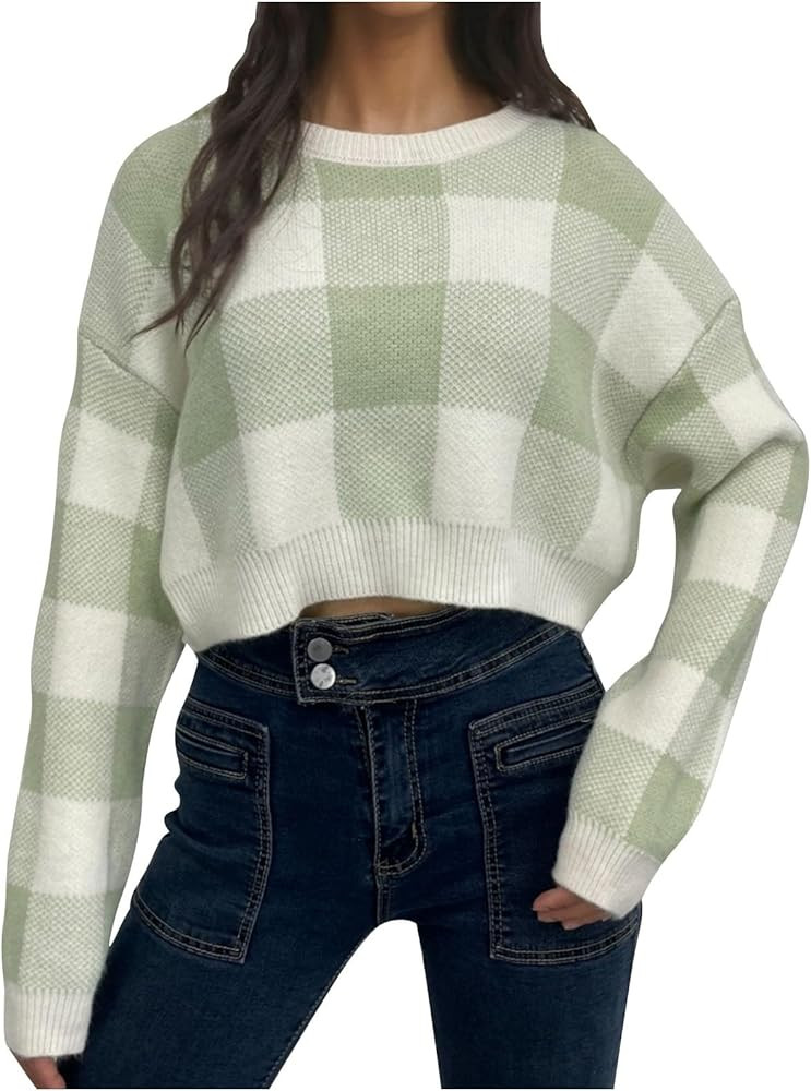 Cropped Sweater for Women Long Sleeve Plaid Ribbed Knit Loose Pullover Tops Crewneck Trendy Fall ... | Amazon (US)