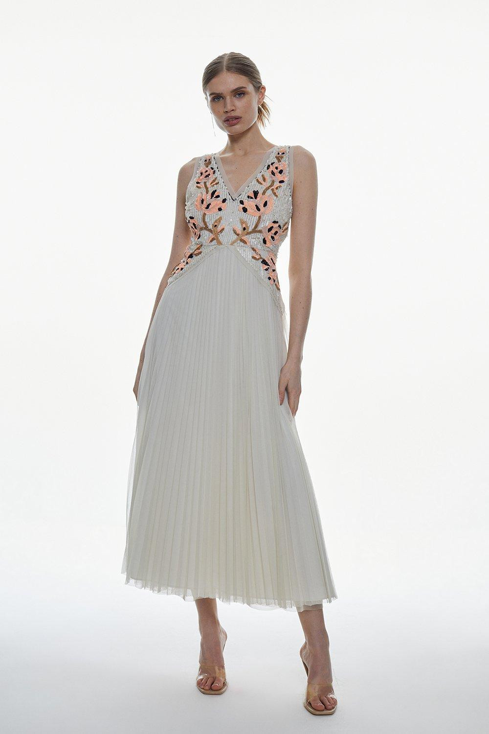 Floral Embellished Pleated Tulle Midi Dress | Karen Millen UK + IE + DE + NL