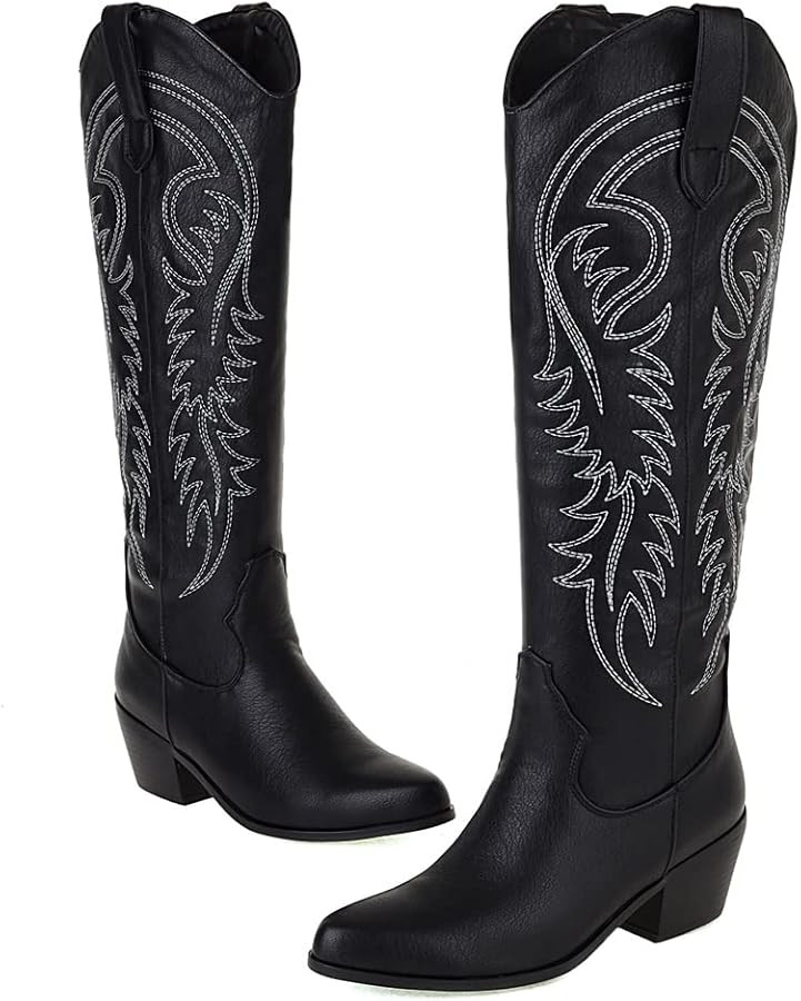 SO SIMPOK Womens Embroidered Pull On Cowboy Cowgirl Boots Chunky Heel Western Mid Calf Boots Ridi... | Amazon (US)
