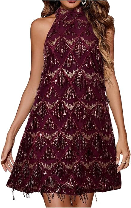 OYOANGLE Women Sequin Sparkly Cocktail Club Party Summer Halter Mini Dress | Amazon (US)