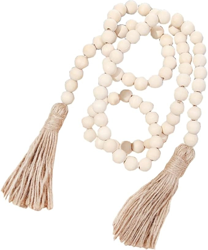 58 inches Natural Wood Bead Garland with Tassels Farmhouse Rustic Country Beads for Christmas Tre... | Amazon (US)