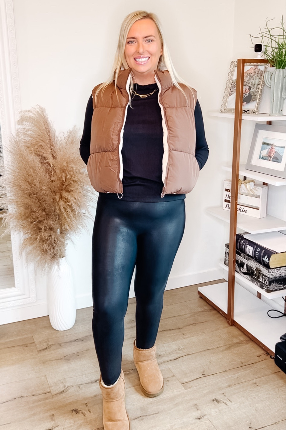 Midsize cropped vest. 
Cropped vest. 
Amazon vest. 
Amazon style. 
Midsize Amazon style. 
Spanx faux leather leggings 
Ugg mini 

Size XL vest. 
Size large top 
Size large leggings. 
Boots fit true to size  

#LTKfindsunder50 #LTKxPrime #LTKmidsize