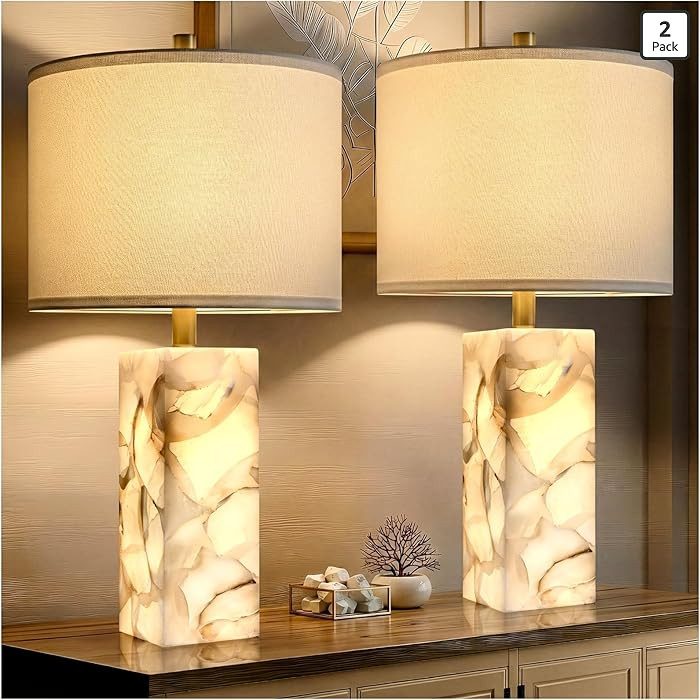 Scenekoy Alabaster Table Lamp Set of 2 with Night Light for Bedroom Living Room, 23" Rotary Switc... | Amazon (US)
