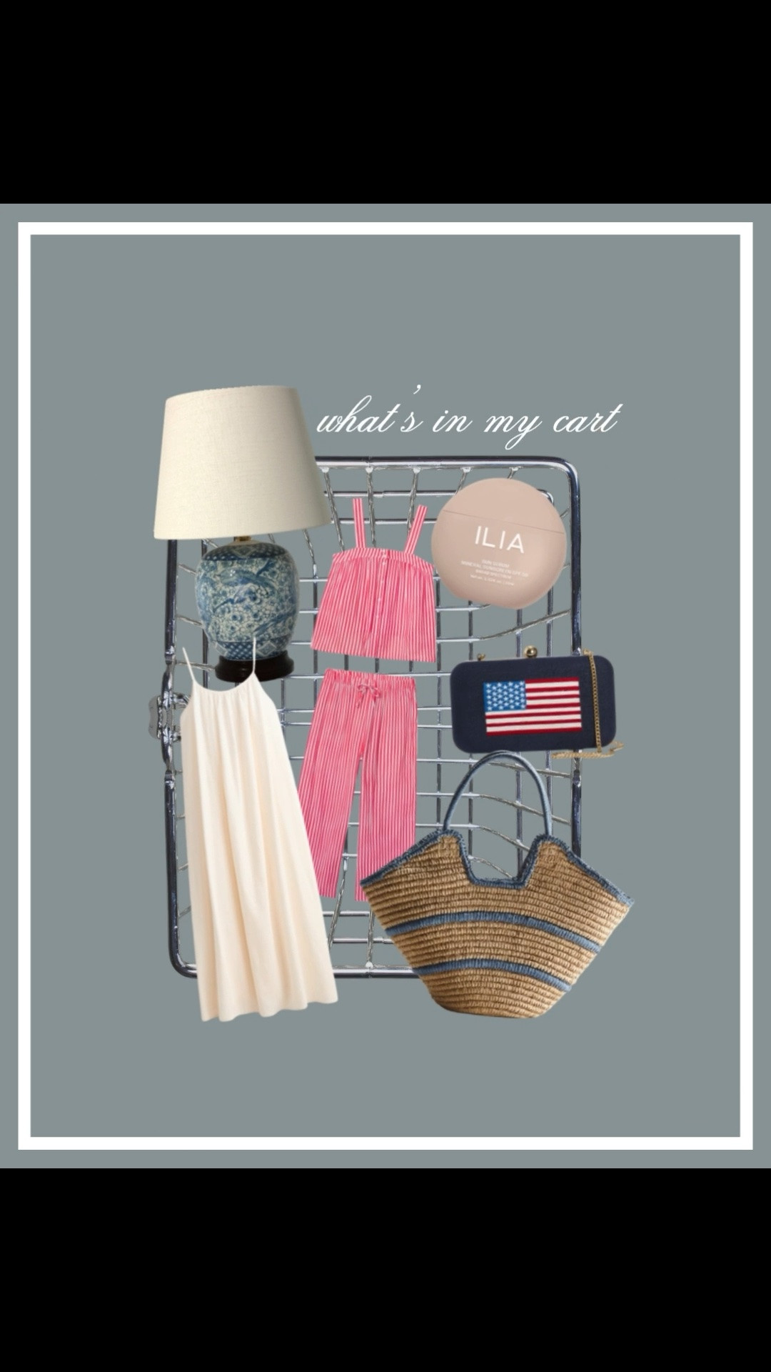 What’s in my cart 🛒 A blue and white lamp, clean SPF sunscreen, a summer linen nightgown, red and white striped PJ set, the cutest tote bag, and an adorable American flag clutch purse! 🌊