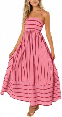 chouyatou Women's Striped Back Smocked Maxi Dress Sexy Spaghetti Strap Cut Out Flowy Swing Long D... | Amazon (US)