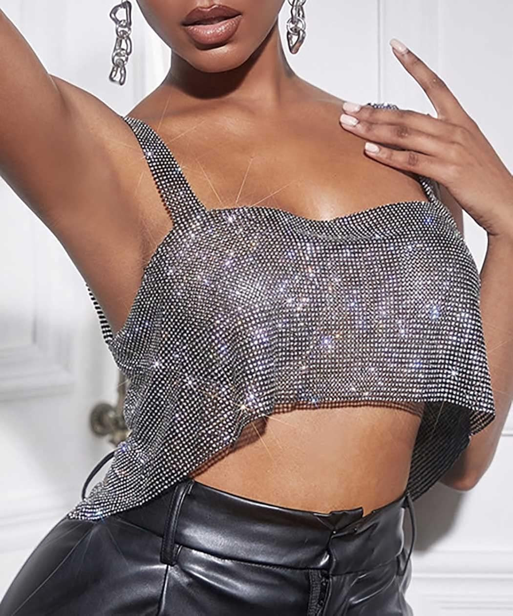 Amazon.com: Fstrend Crystal Crop Top Black Sparkly Rhinestones Halter Tank Top Shirts : Clothing,... | Amazon (US)