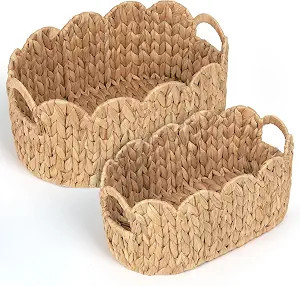 iEGrow Scalloped Wicker Basket, Set of 2 Hand-Woven Natural Rattan Baskets with Built-in Handles,... | Amazon (US)