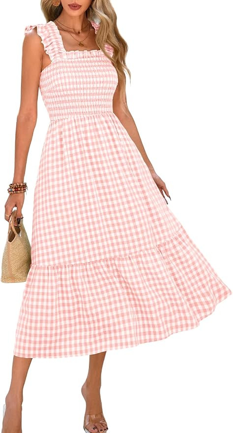 PRETTYGARDEN Women's Summer Dress Casual Square Neck Ruffle Strap Plaid Smocked Midi Dresses Flow... | Amazon (US)