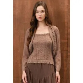 Graceful Shrug Two-Piece Pointelle Knit Set in Taupe for Weekend Brunch & Shopping Trip | Chicwish