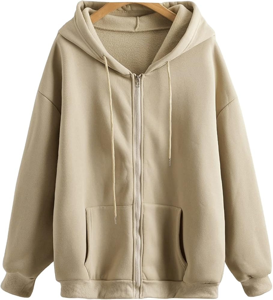SHEIN Women's Oversized Long Sleeve Drawstring Drop Shoulder Zip Up Hoodie Sweatshirt | Amazon (US)