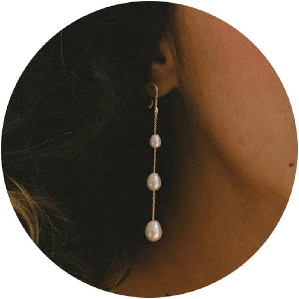 Vavily Long Tassel Pearl Dangle Earrings Dangling Freshwater Pearl Threader Earrings Pearl Drop D... | Amazon (US)