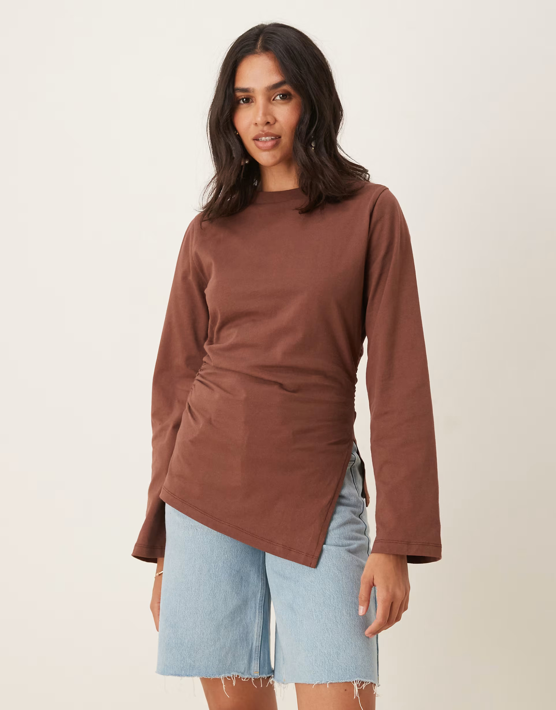 ASOS DESIGN asymmetric hem long sleeve ruched side top in brown | ASOS | ASOS (Global)