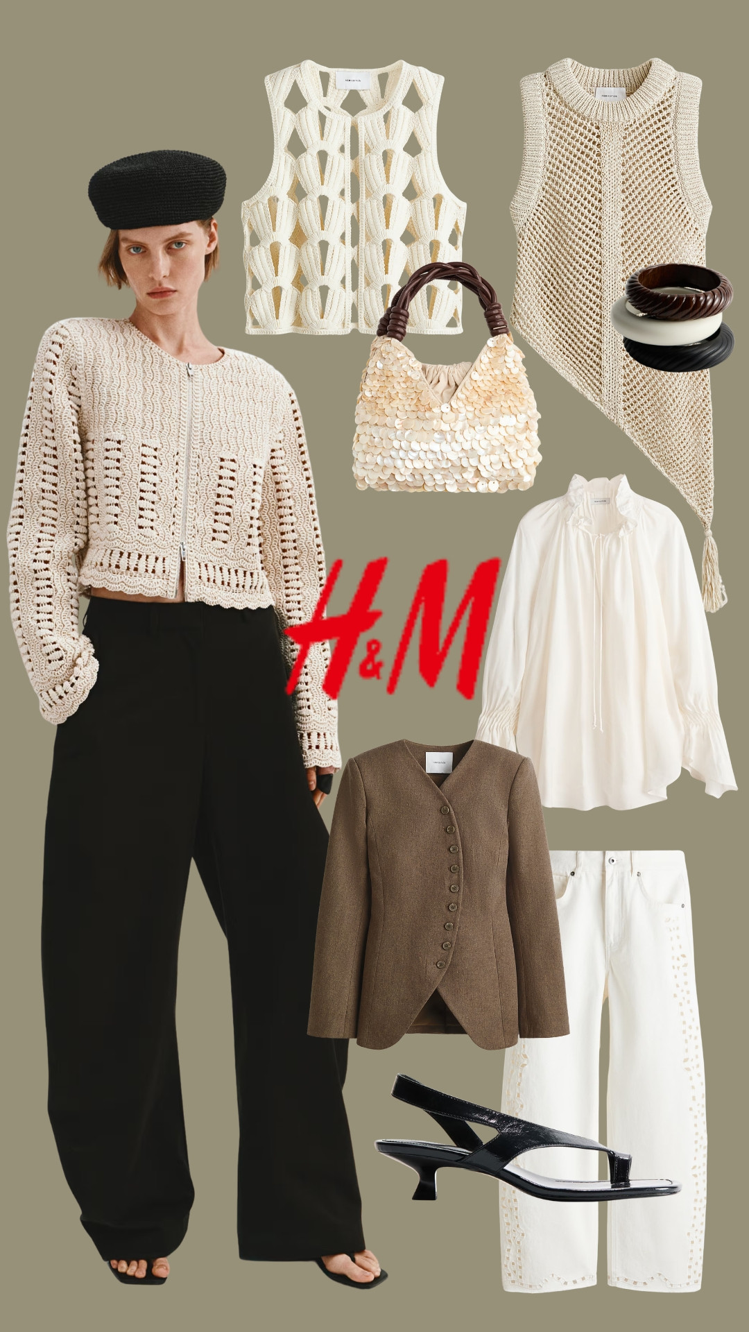 NEW at H&M 
TAGS: spring outfit, white outfit, crochet, sandals, white trousers, white jeans, red dress, sequin summer bag 

 #LTKspring #LTKeurope #LTKstyletip