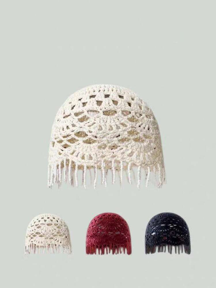 1pc Women's Handmade Crochet Hollow Out Beanie Hat, Handmade Knitted Hollow Beaded Hat, Fashion H... | SHEIN